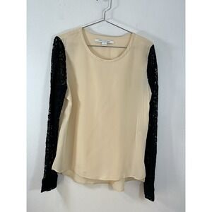 Diane Von Furstenberg Top Size 8 Womens Black Sesame Silk Louisa Blouse Lace